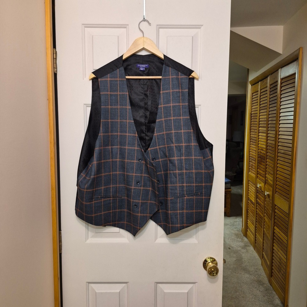 Pavaratti Collezione Mens Double Breasted Windowpane Plaid Suit Vest Grey 54R